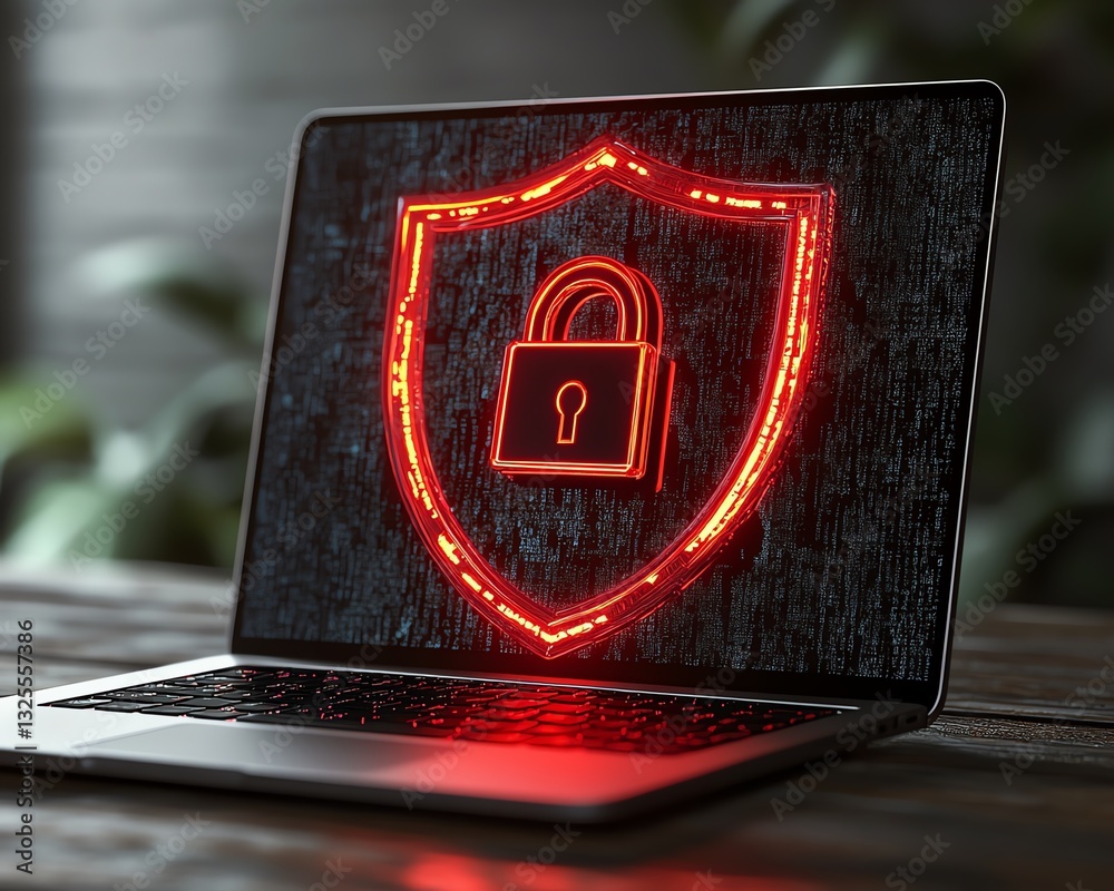 Leinwandbilder 3d rendering of a laptop with red shield featuring an open padlock displayed on screen