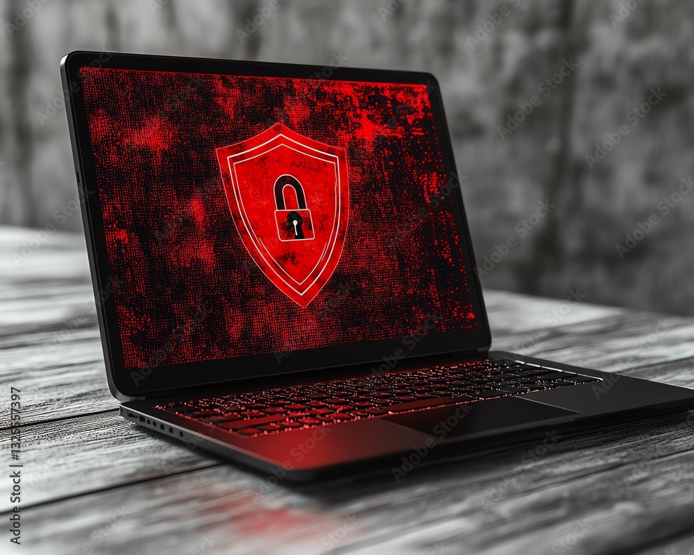 Leinwandbilder 3d rendering of a laptop with red shield and open padlock on the screen, resting on wooden surface, 