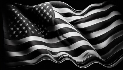 A black and white American flag waving on a black background. Flag of USA. american flag isolated on black background