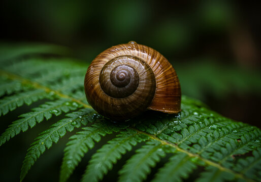 A macro shot of a glistening snail shell perched on a wet fern in a rainforest