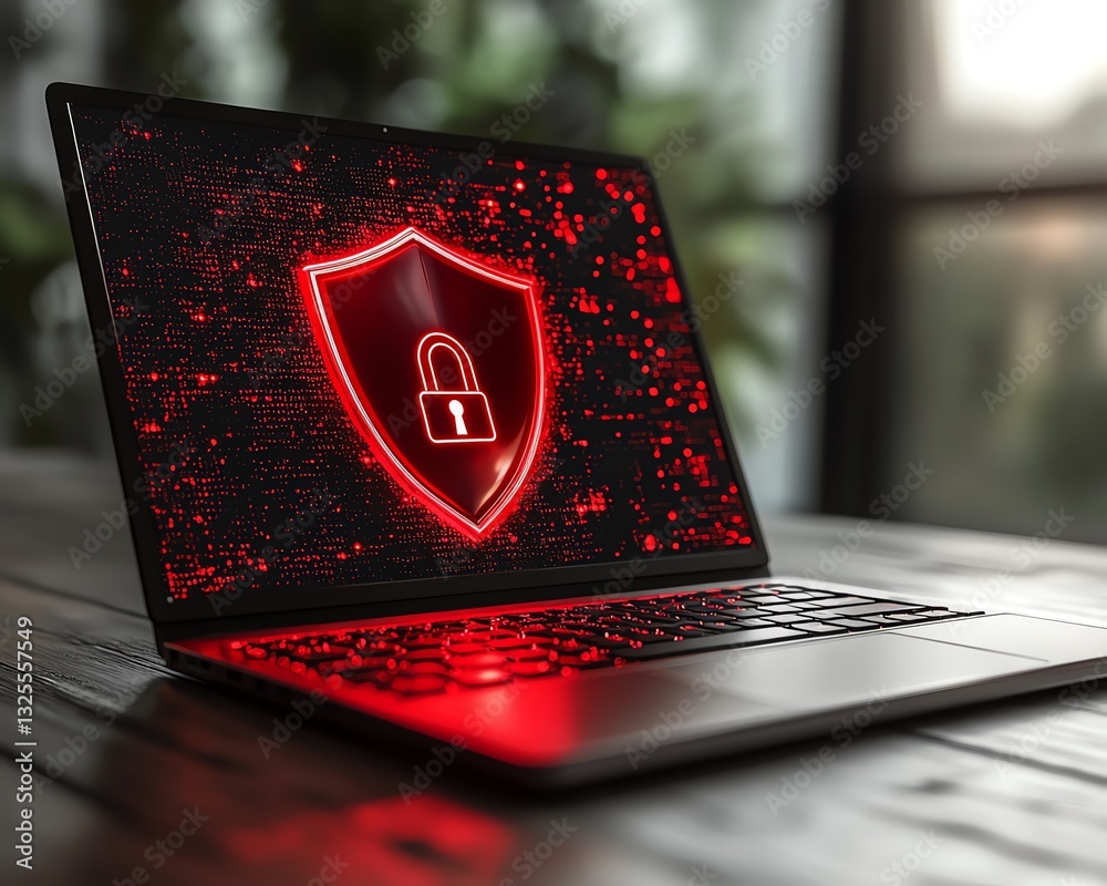 Leinwandbilder 3d rendering of a laptop with red shield and open padlock on the screen, resting on wooden surface, 