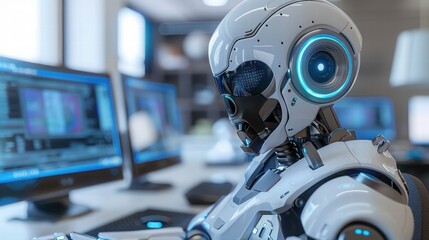 Fototapeta premium Futuristic Robot in Modern Office Setting with Computers