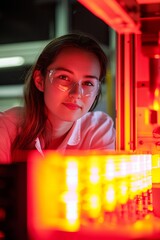 A woman in a thermal engineering lab tests a new cooling system for industrial applications. She analyzes heat distribution using infrared cameras.