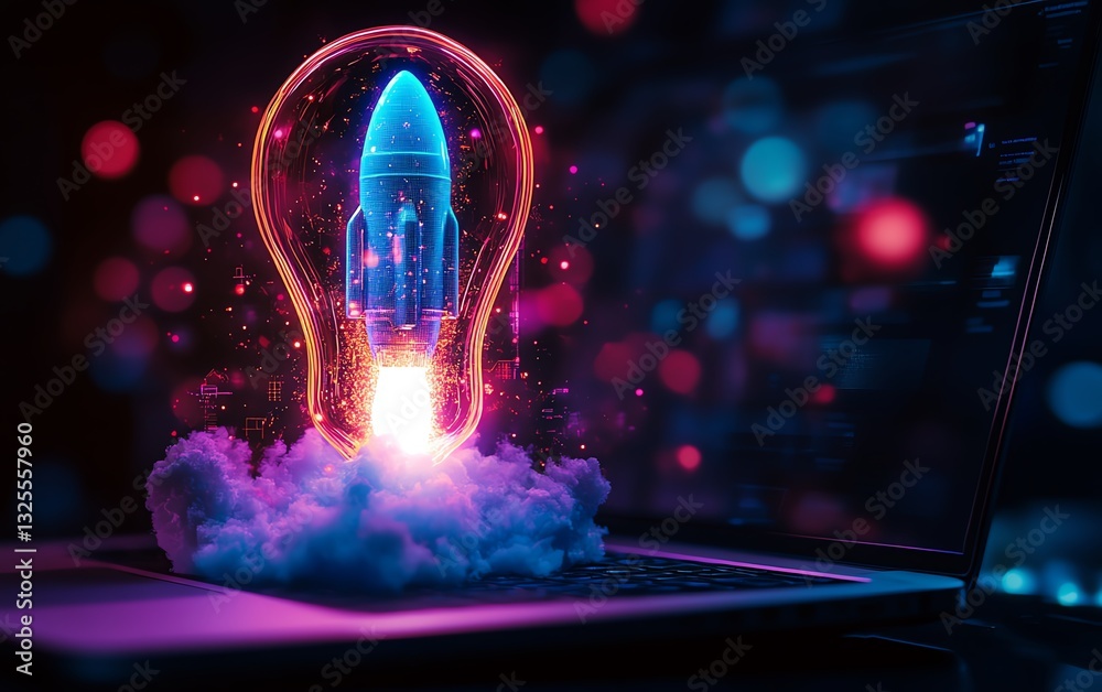 Aufkleber a glowing neon lightbulb with rocket inside displayed on top of a laptop