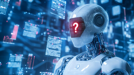 Futuristic White Robot Head Displaying Red Question Mark on Screen with Blue Data Displaying Background
