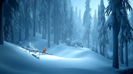 Cardinal perched on snowy branch, winter forest background, serene landscape, holiday card