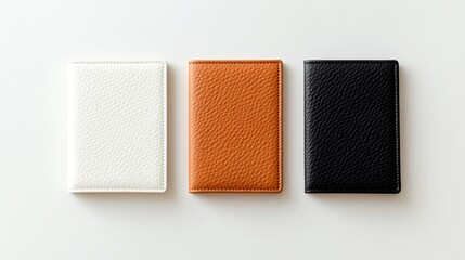 Three elegant leather passport holders in white, orange, and black on a light background.