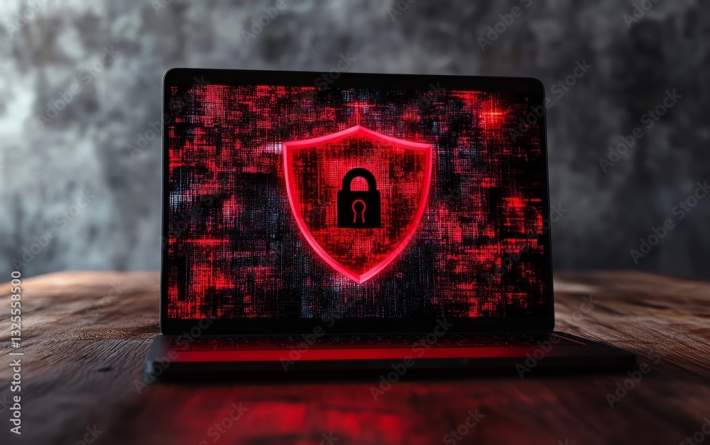Leinwandbilder laptop displaying red shield with open padlock on screen, resting on wooden surface, gray background