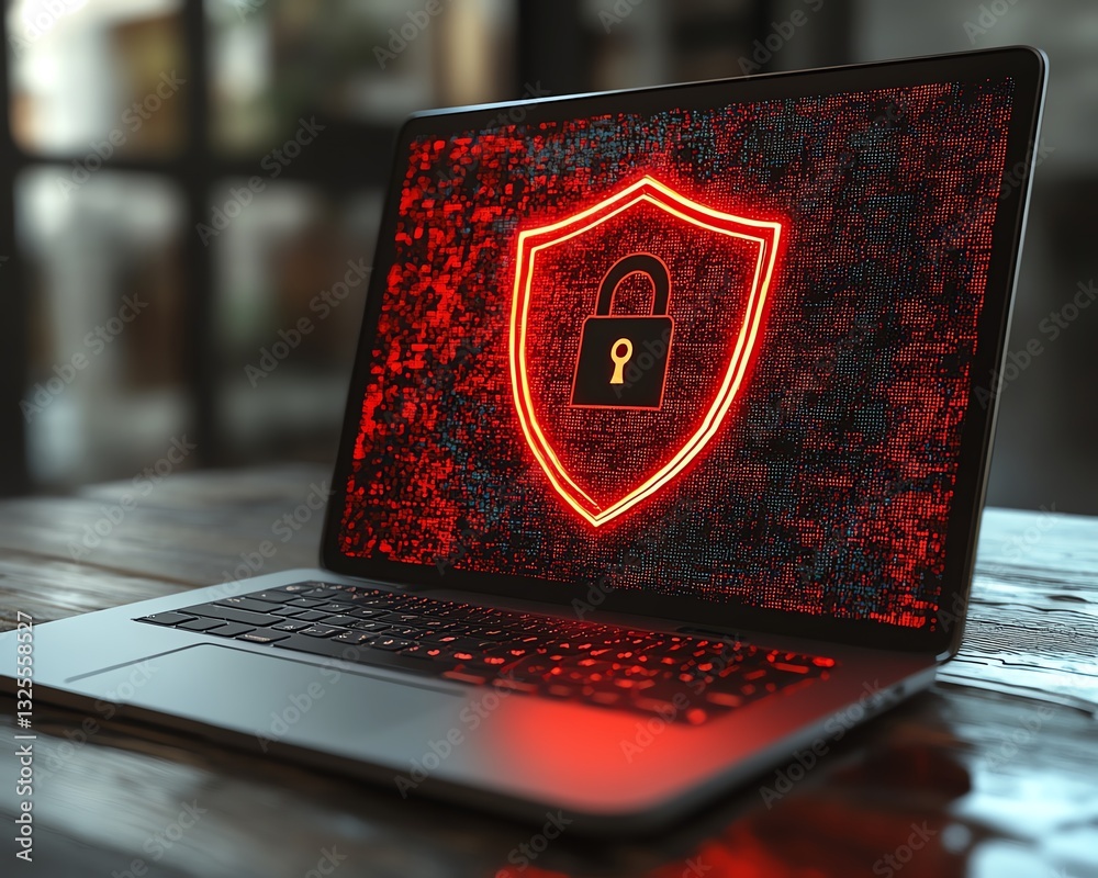 Poster laptop on wooden surface with a red shield and open padlock on screen, gray background, symbolizing 