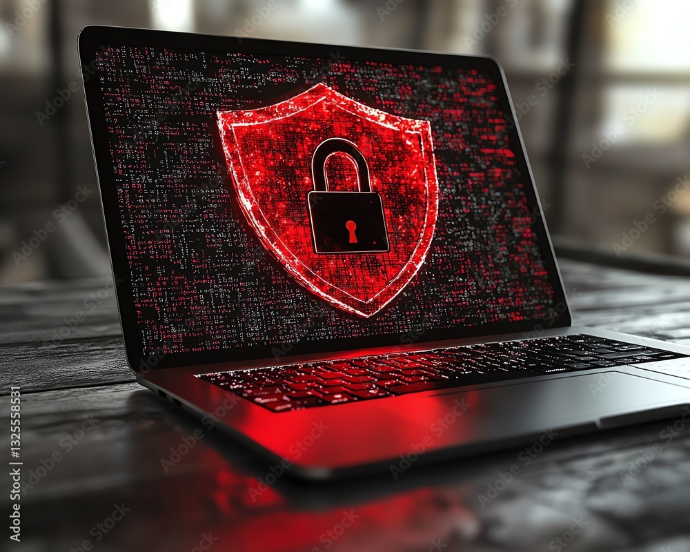 Poster laptop on wooden surface with a red shield and open padlock on screen, gray background, symbolizing 