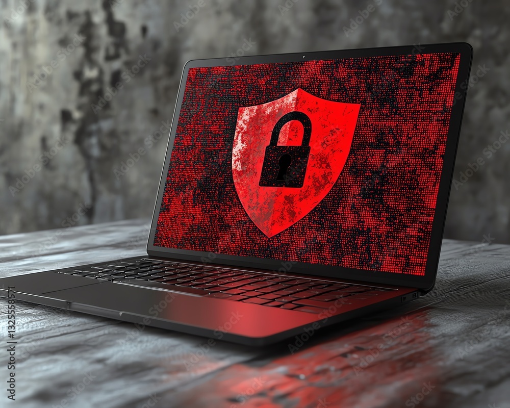 Poster laptop on wooden surface with a red shield and open padlock on screen, gray background, symbolizing 