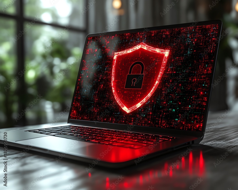 Aufkleber laptop with red shield and open padlock displayed on screen, set on a wooden surface, gray backgroun