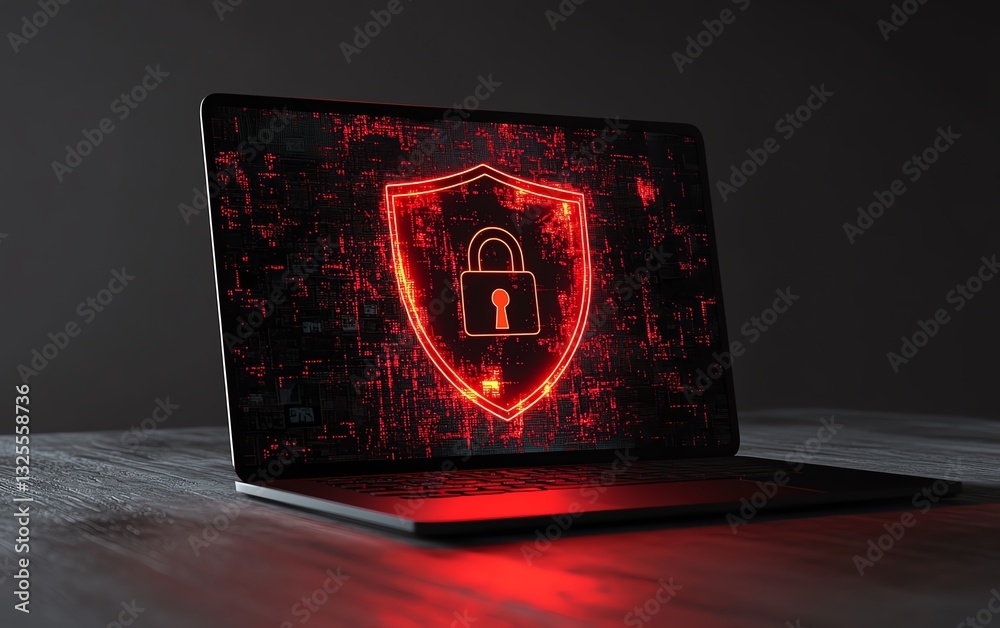 Fototapete laptop with red shield featuring an open padlock displayed on the screen