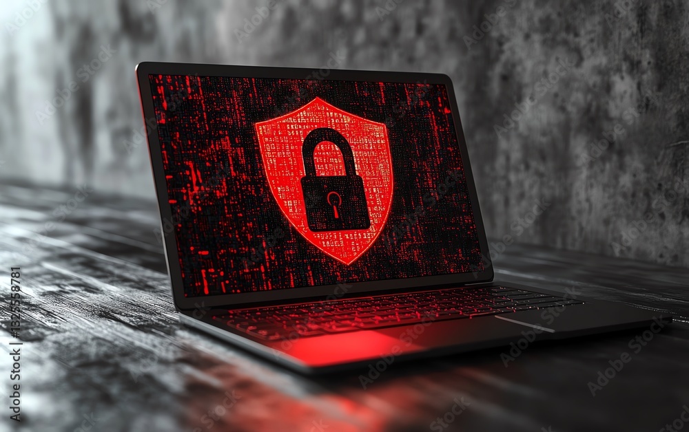 Poster Laptop with red shield featuring an open padlock displayed on the screen