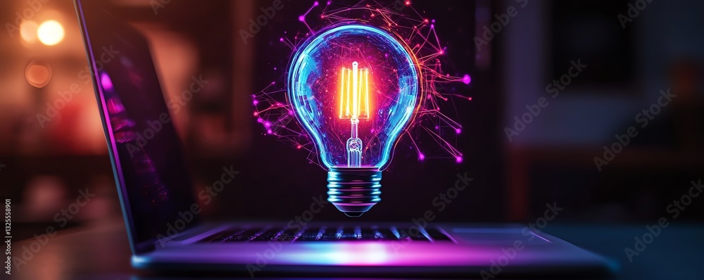 Aufkleber Neon glowing lightbulb with rocket inside above a sleek laptop in a dark minimalist environment