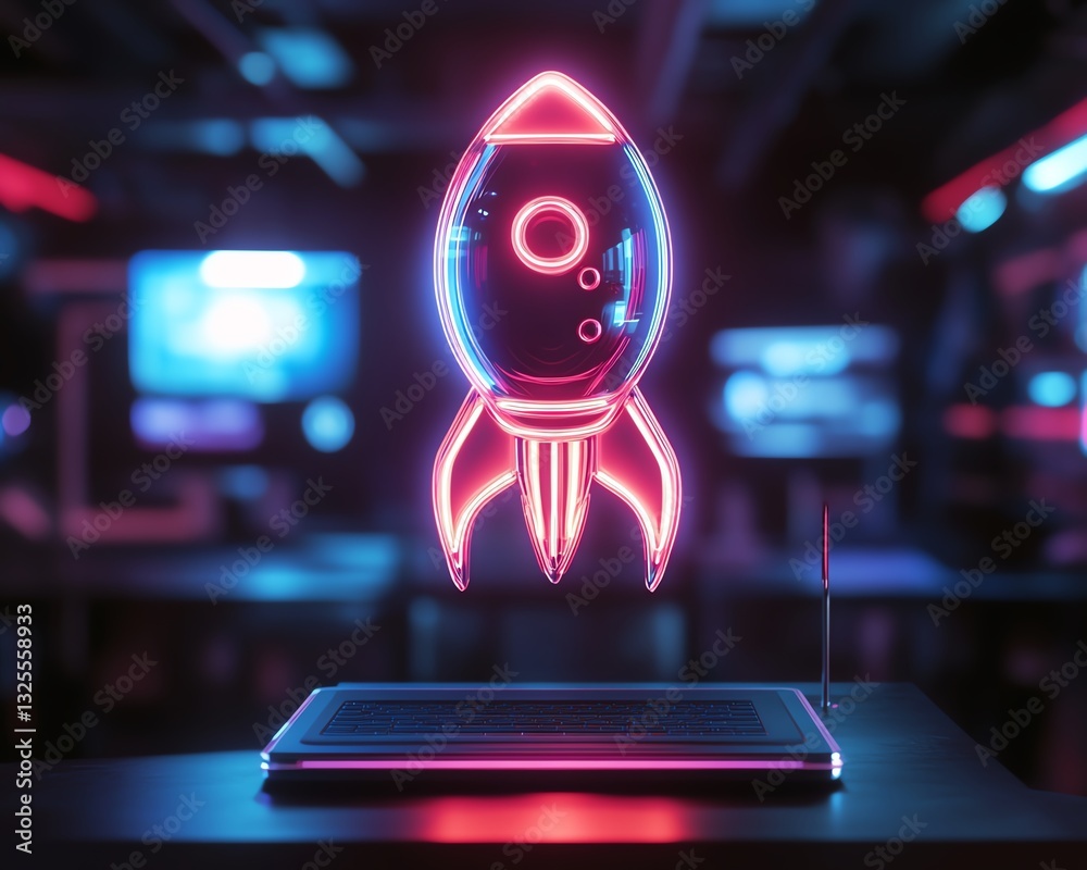 Aufkleber neon glowing lightbulb with rocket inside floating above a laptop in a dark futuristic workspace