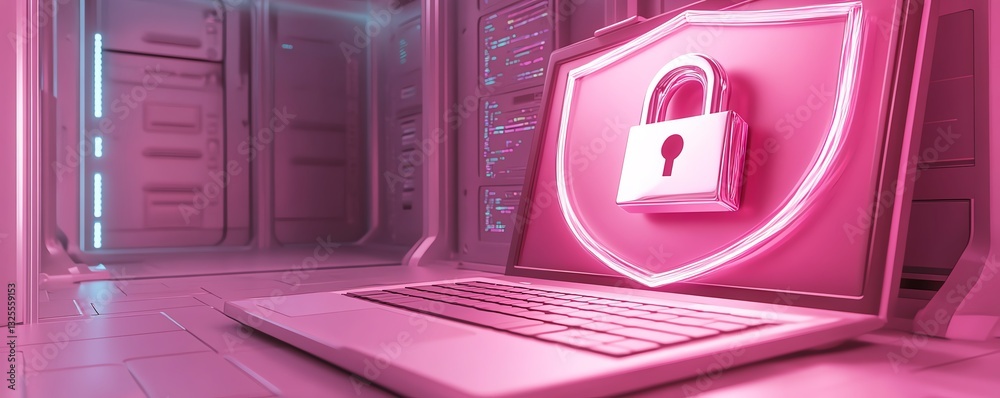 Fototapete 3D rendering of laptop with open padlock symbol on shield displayed on screen