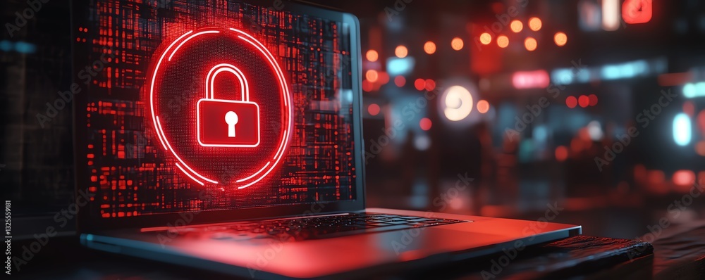 Fototapete 3d rendering of open padlock symbol on shield displayed on laptop screen, representing cybersecurity