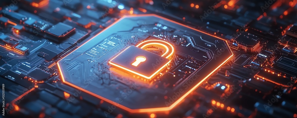 Fototapete 3D rendering of open padlock symbol on shield displayed on laptop screen, representing cybersecurity, protection, and online safety, glowing digital encryption, hightech security