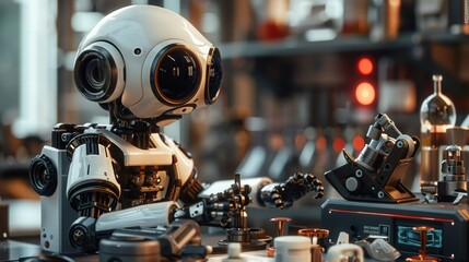 Fototapeta premium Detailed Close-Up of a Humanoid Robot in a Laboratory Setting