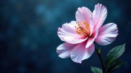 A Delicate Pink Blossom Against a Deep Blue Background, Exquisitely Detailed, a Study in Contrast and Natural Beauty