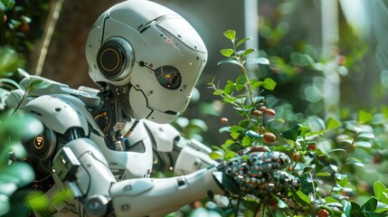 Humanoid Robot Interacting with Nature in a Lush Green Environment