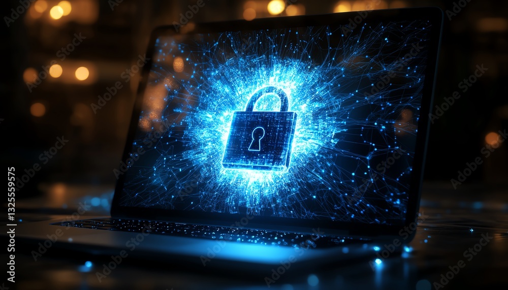 Poster digital padlock hologram on laptop screen with glowing network connections in the background