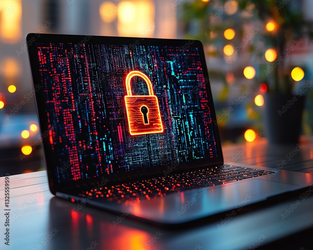 Poster digital padlock hologram on laptop screen with glowing network connections in the background