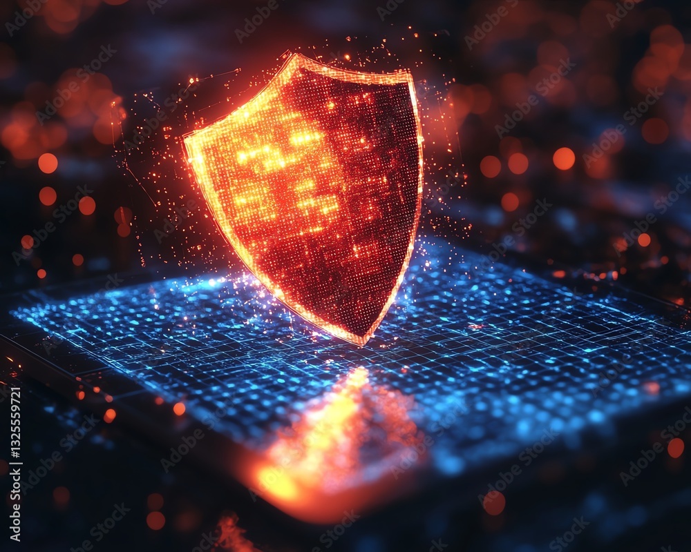 Leinwandbilder floating holographic shield above a tablet in a digital network, representing cybersecurity, encrypt