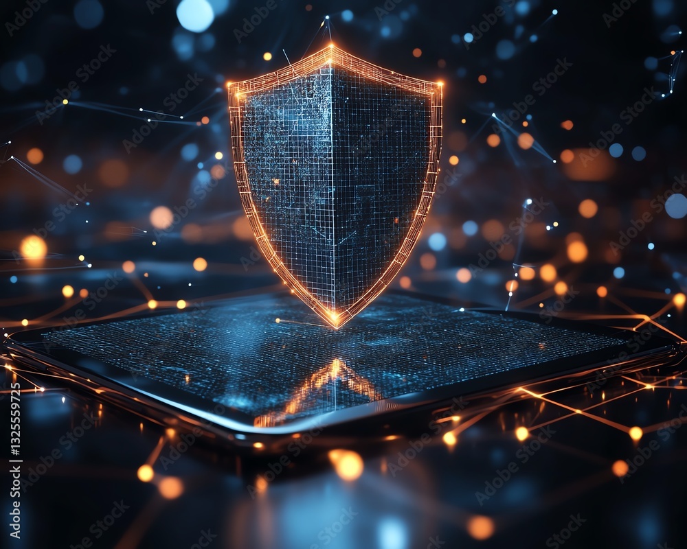 Fototapete Floating holographic shield above a tablet in a digital network, representing cybersecurity, encryption technology, and data protection, 3D rendering, modern digital security