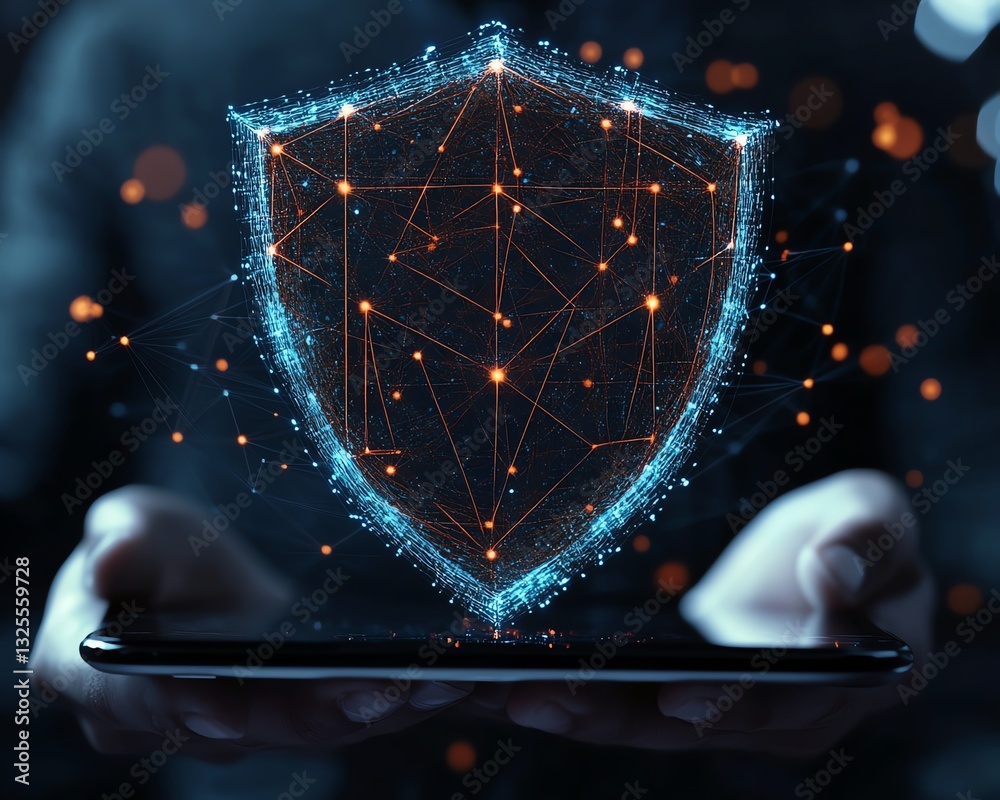 Aufkleber Floating holographic shield above a tablet in a digital network, representing cybersecurity, encryption technology, and data protection, 3D rendering, modern digital security