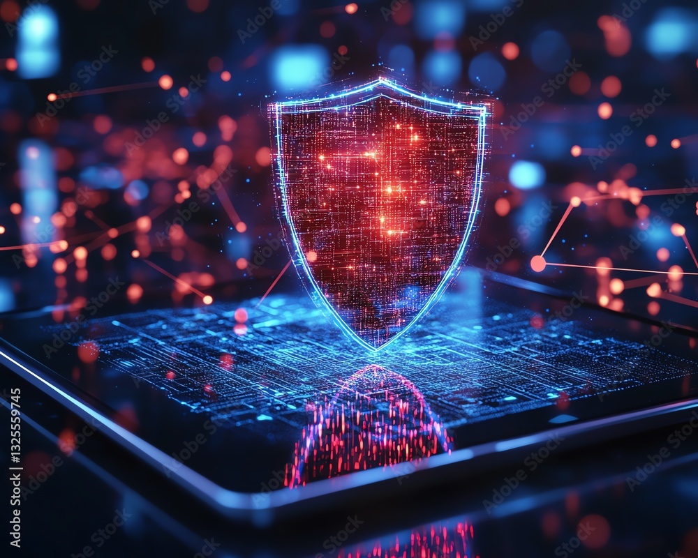 Leinwandbilder floating holographic shield above a tablet in a digital network, representing cybersecurity, encrypt