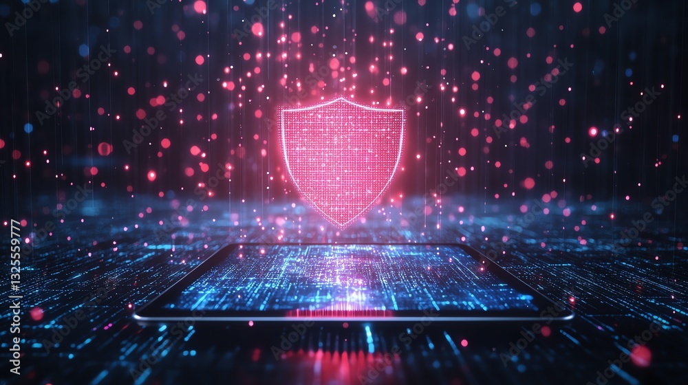 Leinwandbilder floating holographic shield icon above a tablet in a digital network background