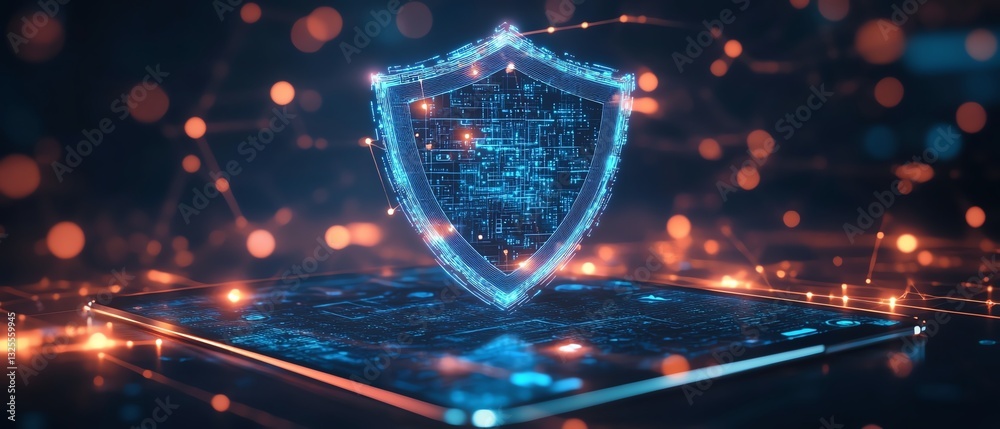 Leinwandbilder holographic shield icon floating above a tablet in a digital network background