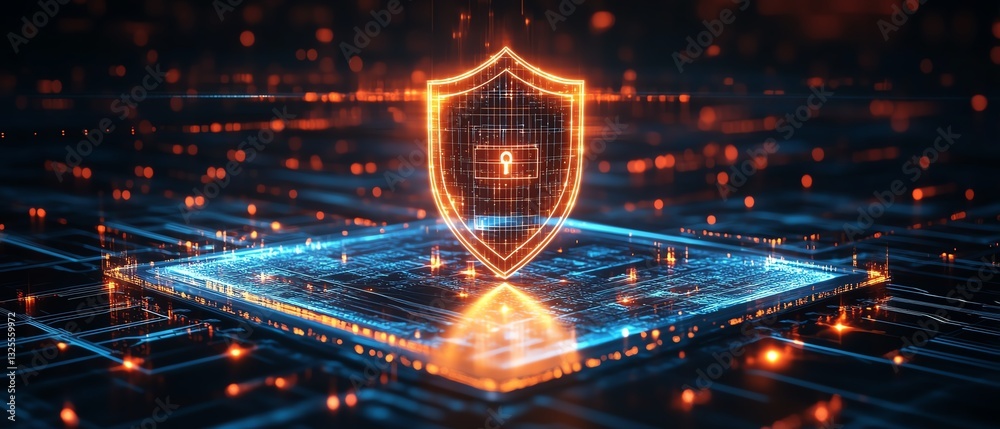 Leinwandbilder holographic shield icon floating above a tablet in a digital network background