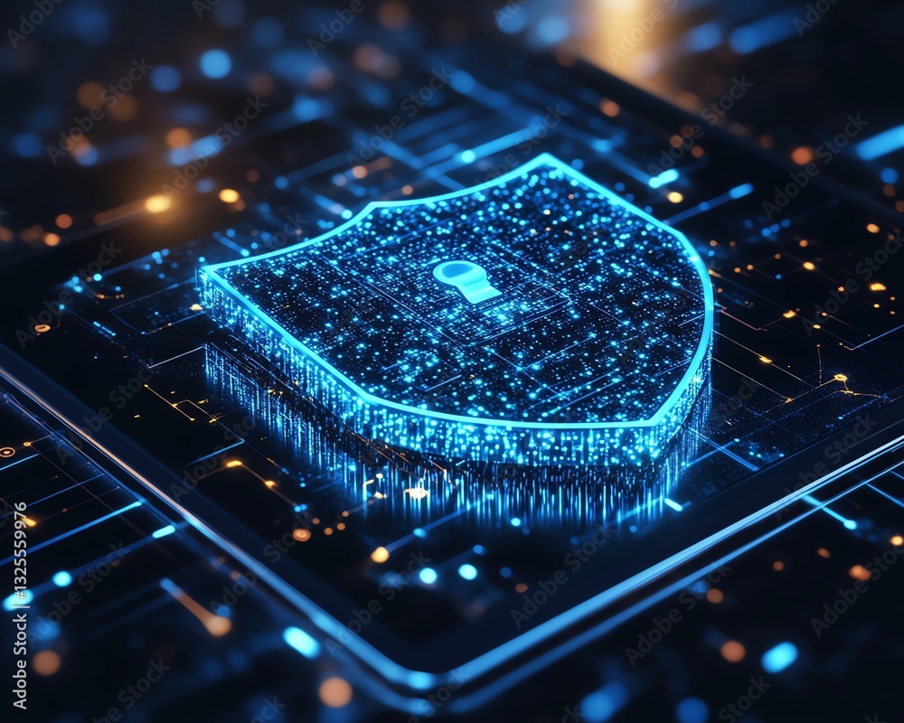 Leinwandbilder holographic shield icon floating above a tablet in a digital network background