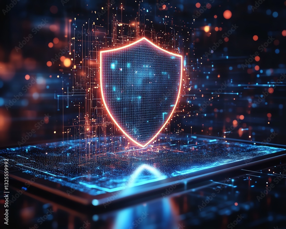Leinwandbilder holographic shield icon floating above a tablet in a digital network background
