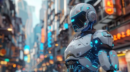 Futuristic Robot Standing in Neon-Lit Urban Landscape at Dusk