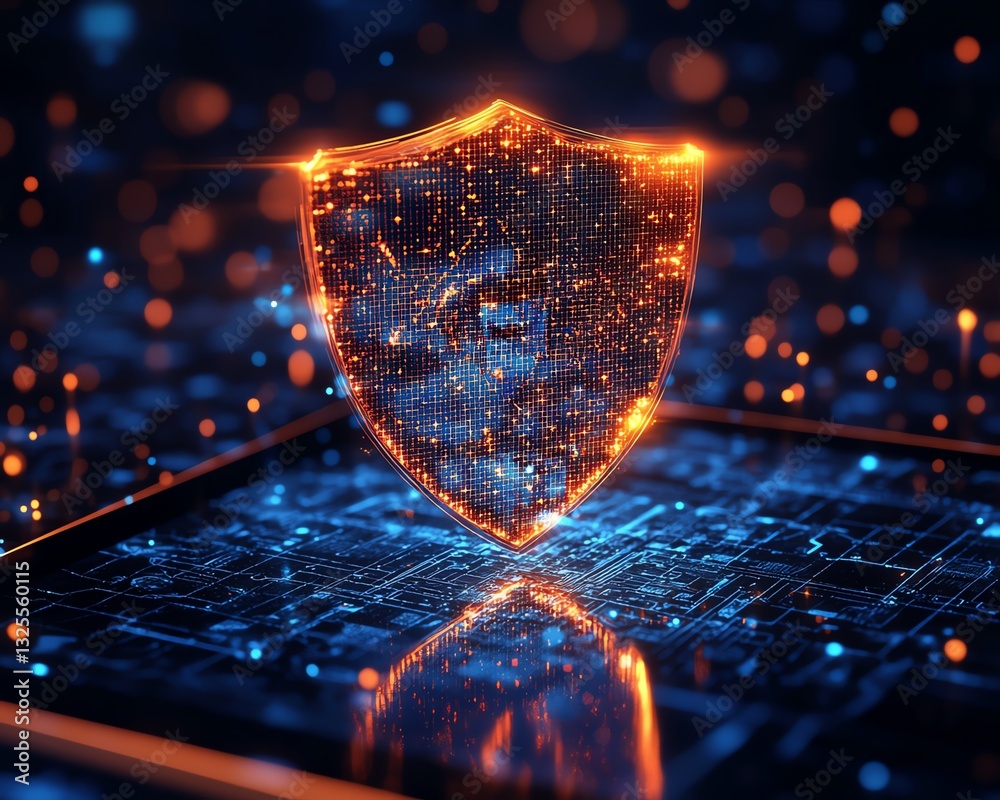 Leinwandbilder holographic shield icon floating above a tablet in a digital network background