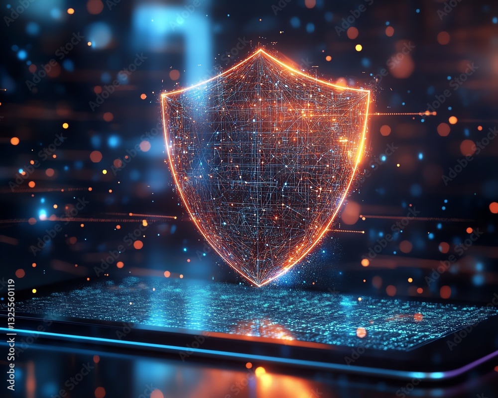 Leinwandbilder holographic shield icon hovering above a tablet with digital network background