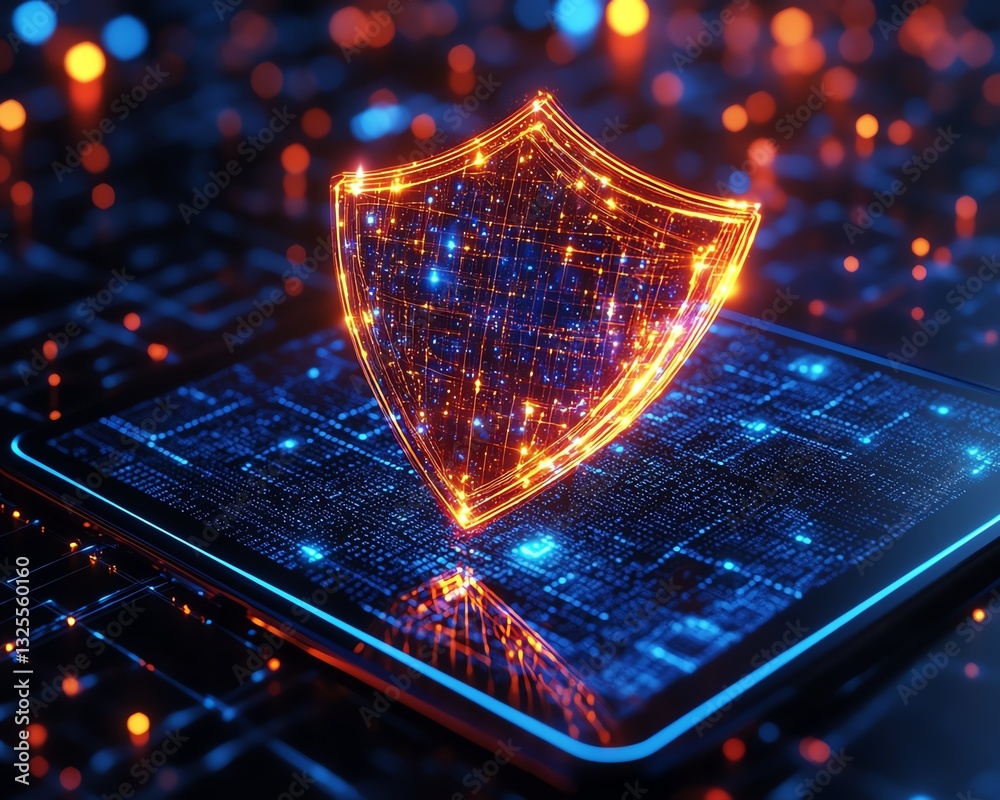 Leinwandbilder holographic shield icon hovering above a tablet with digital network background