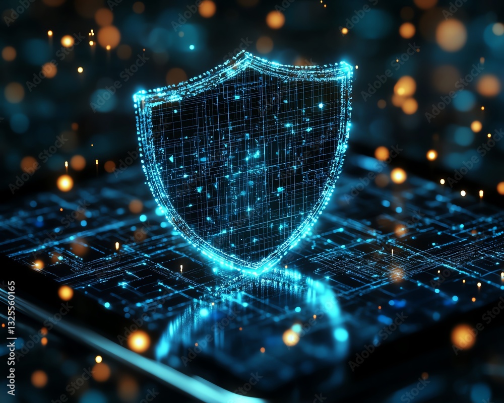 Poster Holographic shield icon hovering above a tablet with digital network background