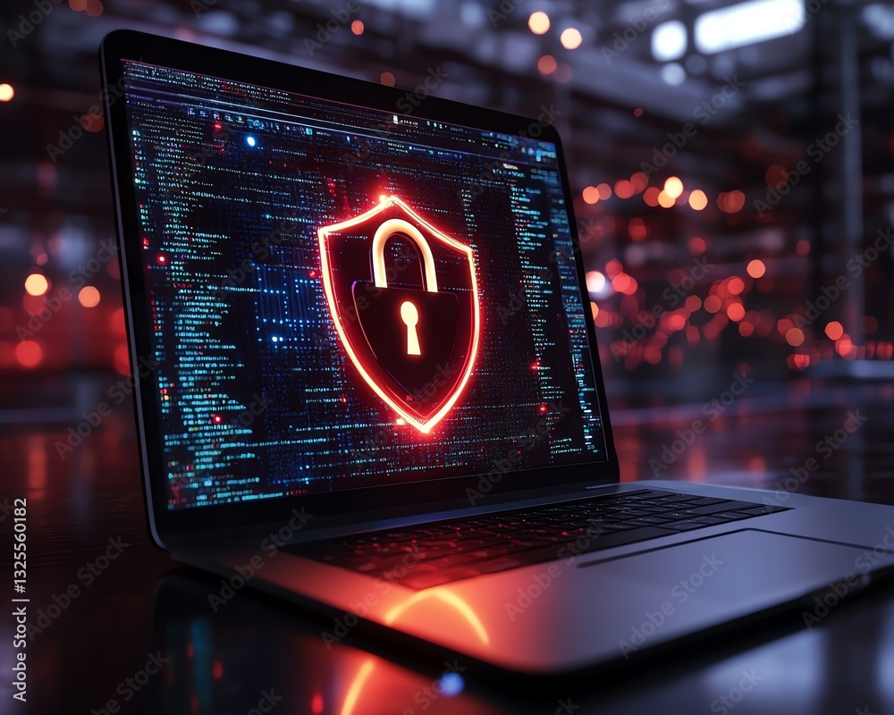Aufkleber laptop displaying open padlock symbol on shield on screen, representing cybersecurity, protection, a