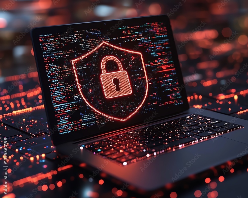 Aufkleber laptop displaying open padlock symbol on shield on screen, representing cybersecurity, protection, a
