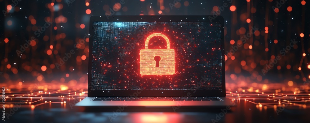 Poster laptop screen with digital padlock hologram, surrounded by glowing network connections in the backgr
