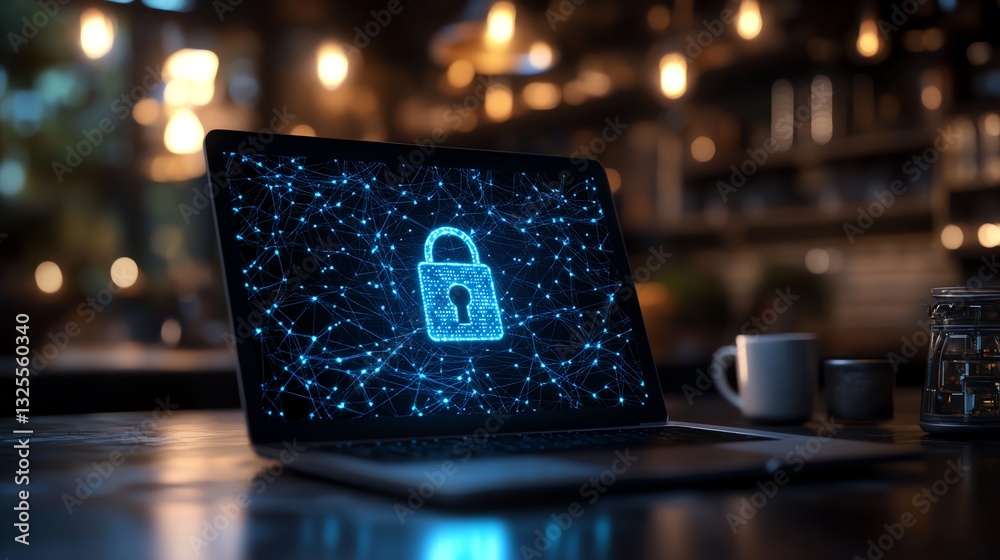 Poster laptop screen with digital padlock hologram and network connections in the background, 3d rendering,