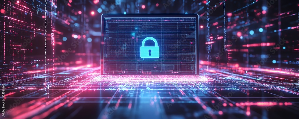 Poster laptop screen with digital padlock hologram, surrounded by glowing network connections in the backgr