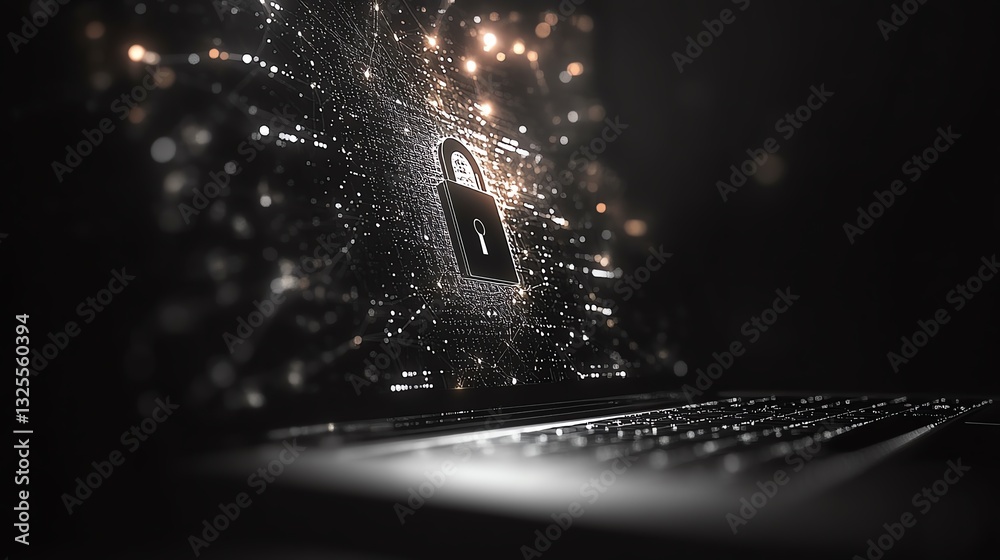 Poster Laptop screen with digital padlock hologram and network connections in the background, 3D rendering, cybersecurity technology, encrypted data, hightech digital security