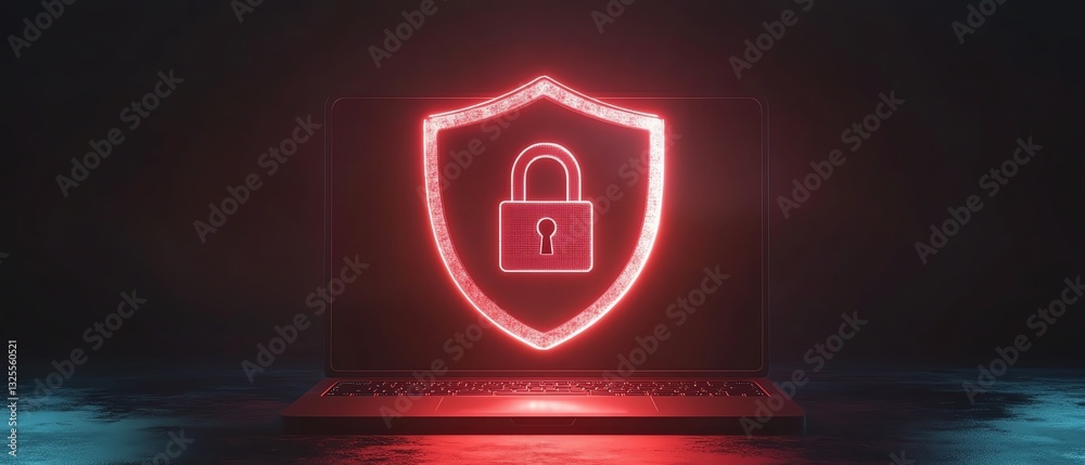 Leinwandbilder laptop with open padlock symbol on shield displayed on screen, representing cybersecurity and online
