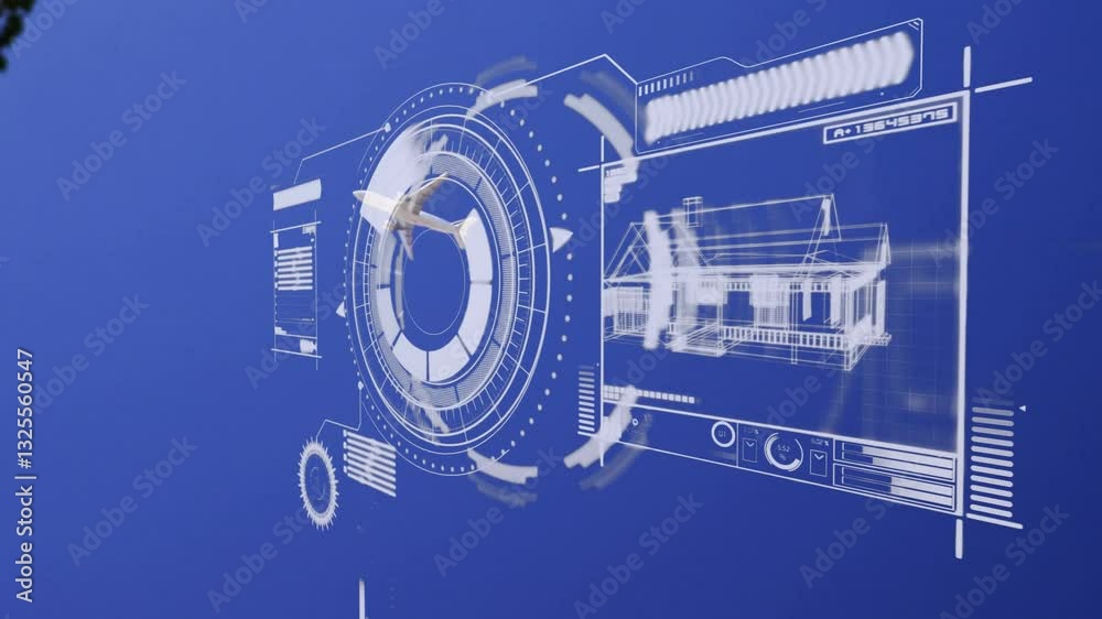 Poster Animation of futuristic digital interface showing architectural blueprint in school setting